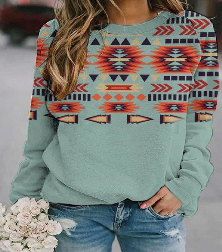 Retro Western Ethnic Geometric Print Ladies Sweatshirt