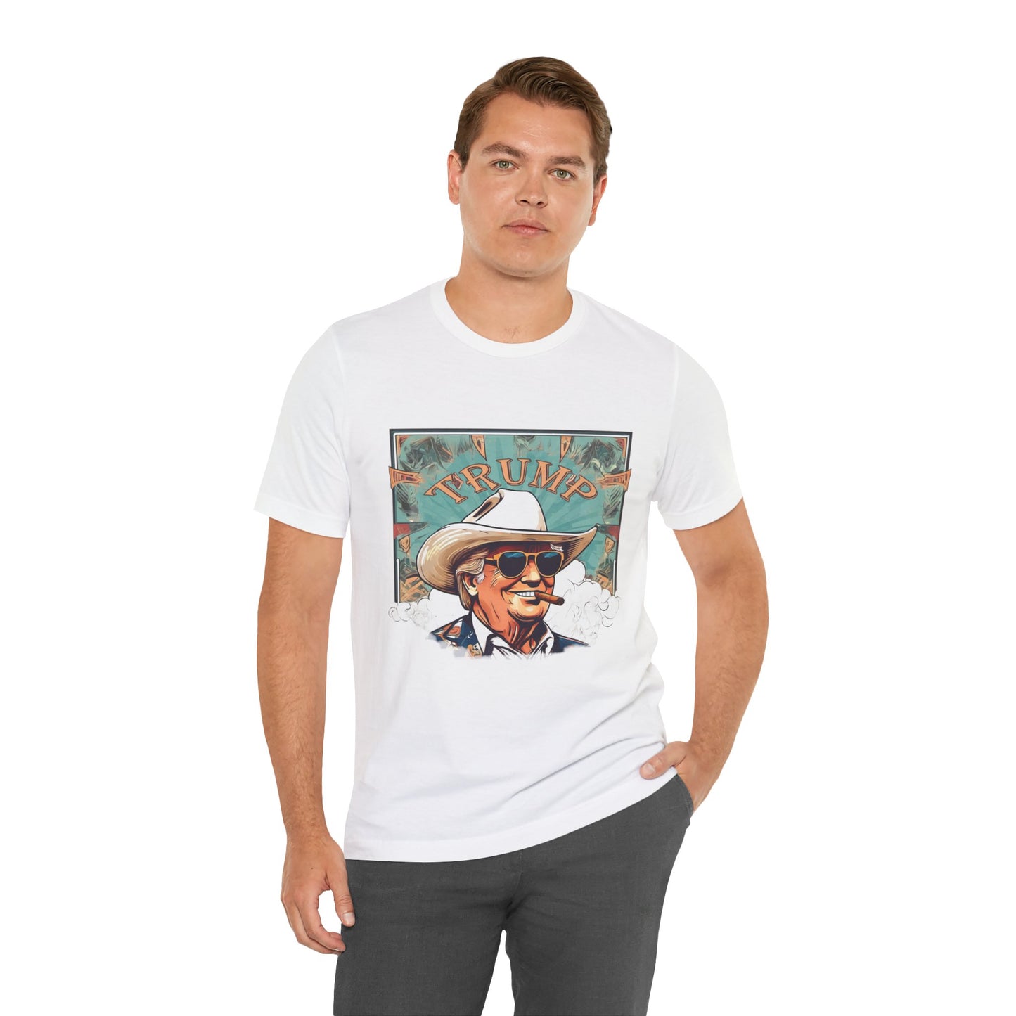 Graphic Tee - Donald Trump Cartoon Cowboy Hat White Cotton Shirt