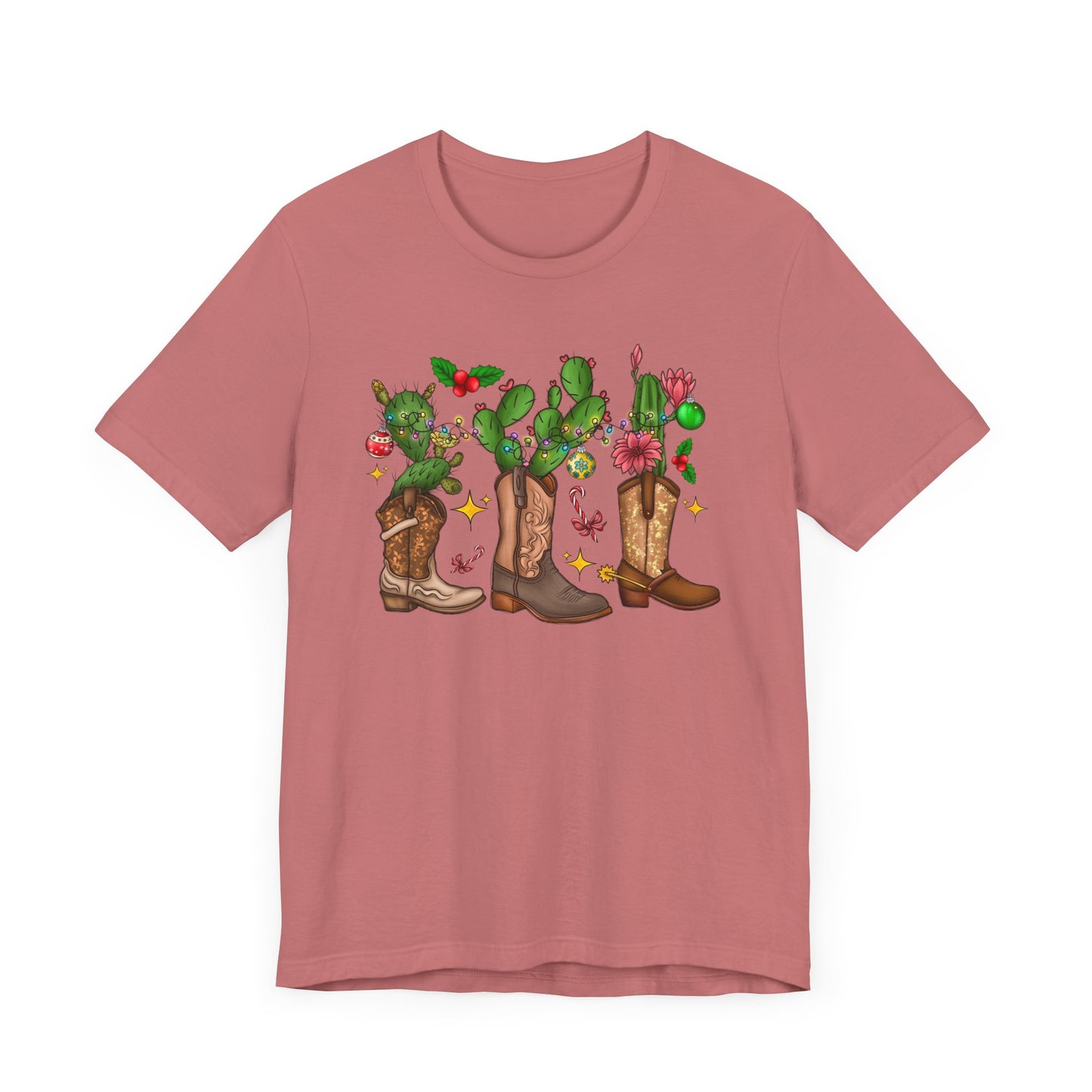 Unisex Jersey Short Sleeve Tee Cowboy Boot Christmas Cactus