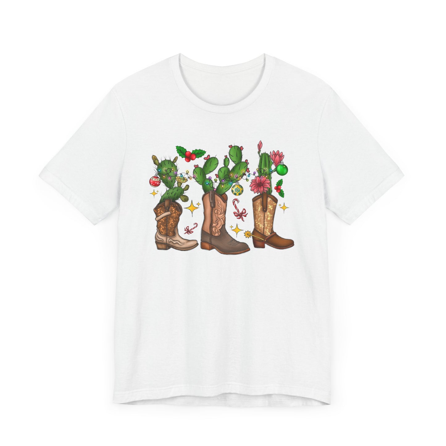 Unisex Jersey Short Sleeve Tee Cowboy Boot Christmas Cactus