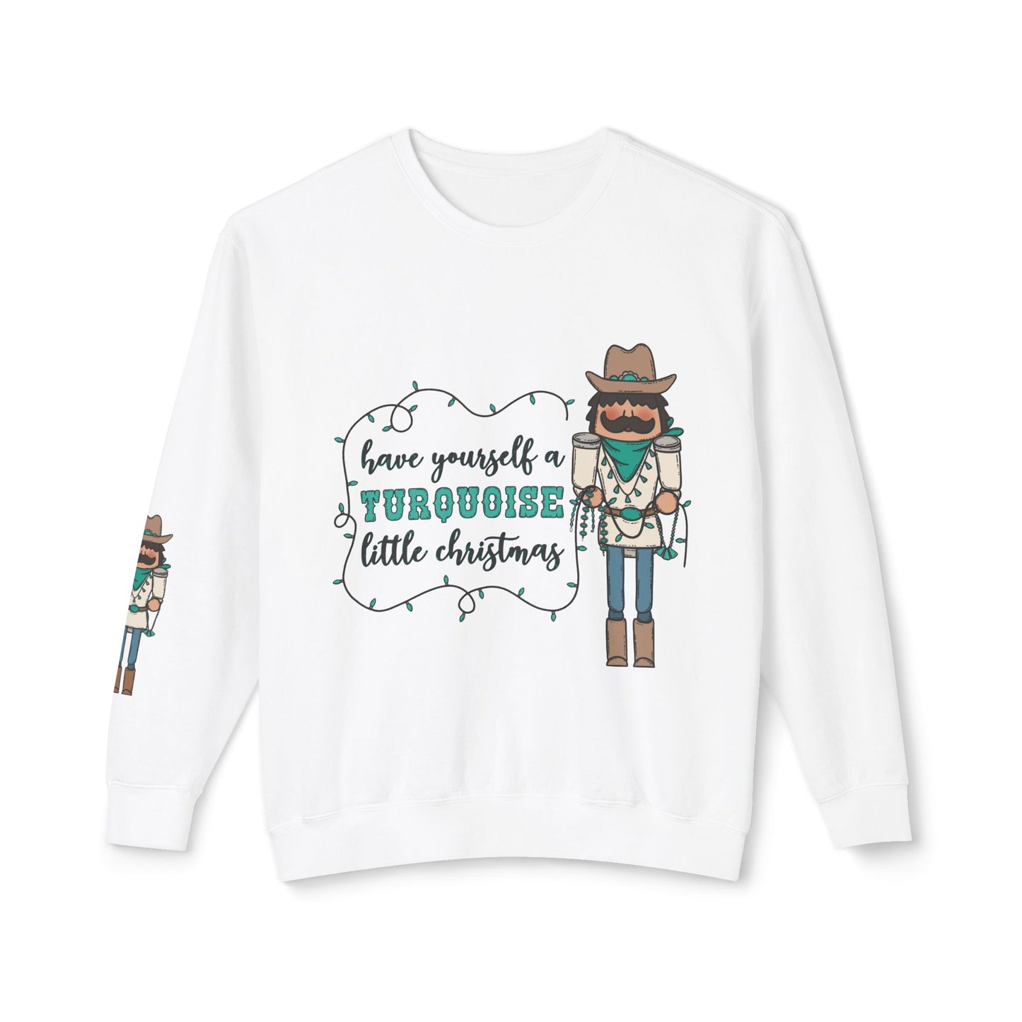 Turquoise Christmas Cowboy Nutcracker Unisex Lightweight Crewneck Sweatshirt - Festive Holiday Design with Lights