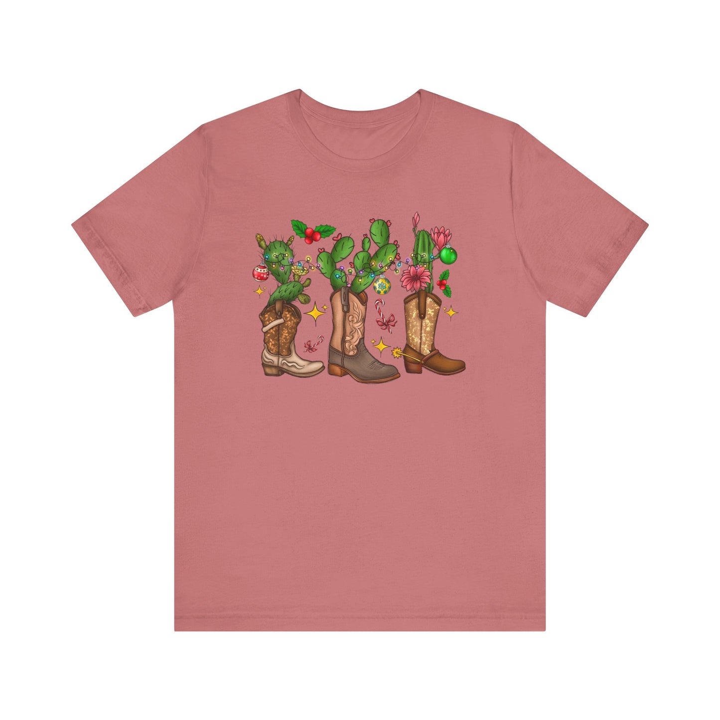 Unisex Jersey Short Sleeve Tee Cowboy Boot Christmas Cactus