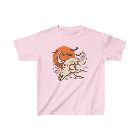 Kids Halloween Tee with Spooky Cow Skull and Spider Web