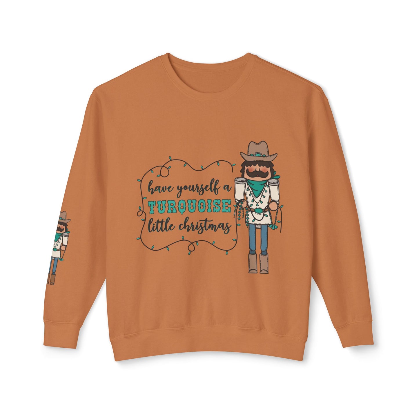 Turquoise Christmas Cowboy Nutcracker Unisex Lightweight Crewneck Sweatshirt - Festive Holiday Design with Lights