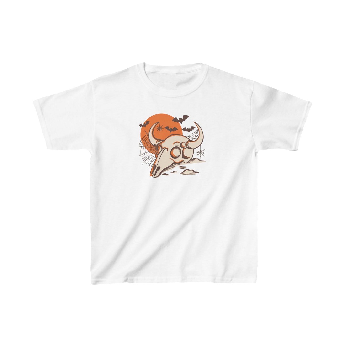 Kids Halloween Tee with Spooky Cow Skull and Spider Web