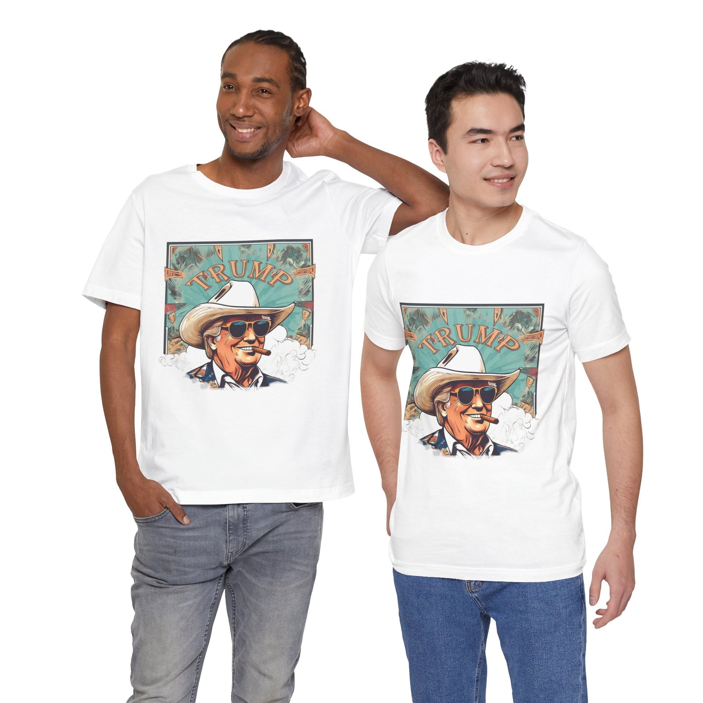 Graphic Tee - Donald Trump Cartoon Cowboy Hat White Cotton Shirt