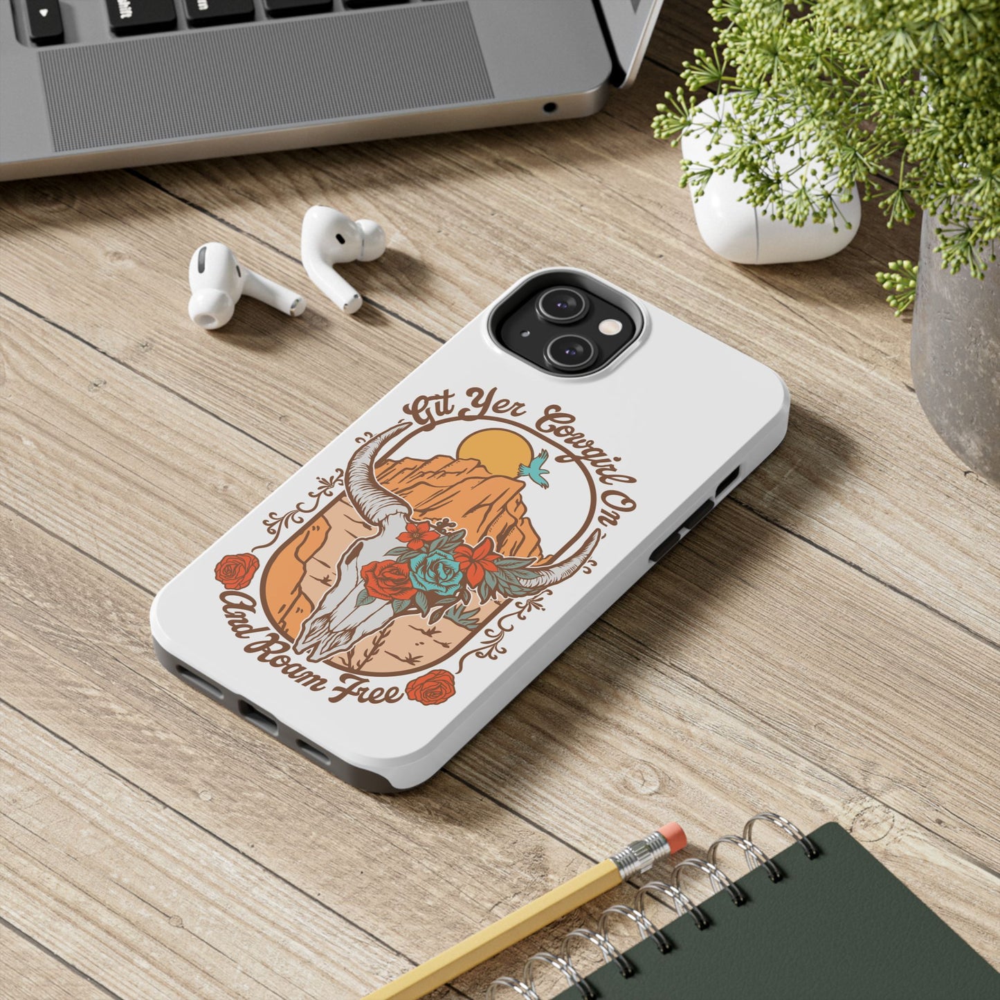 Phone Case - Cowgirl with Flowers and Cow Skull Design