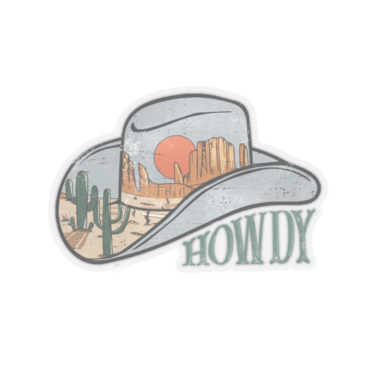 Cowgirl Hat Kiss-Cut Stickers - Arizona Desert Scene with 'Howdy'