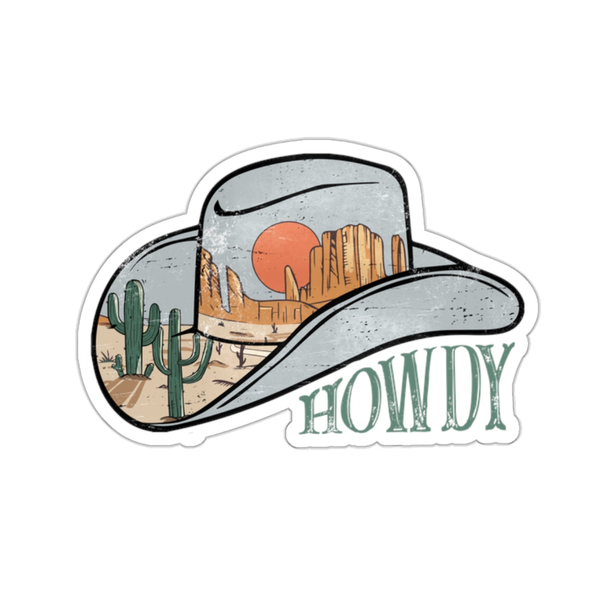 Cowgirl Hat Kiss-Cut Stickers - Arizona Desert Scene with 'Howdy'