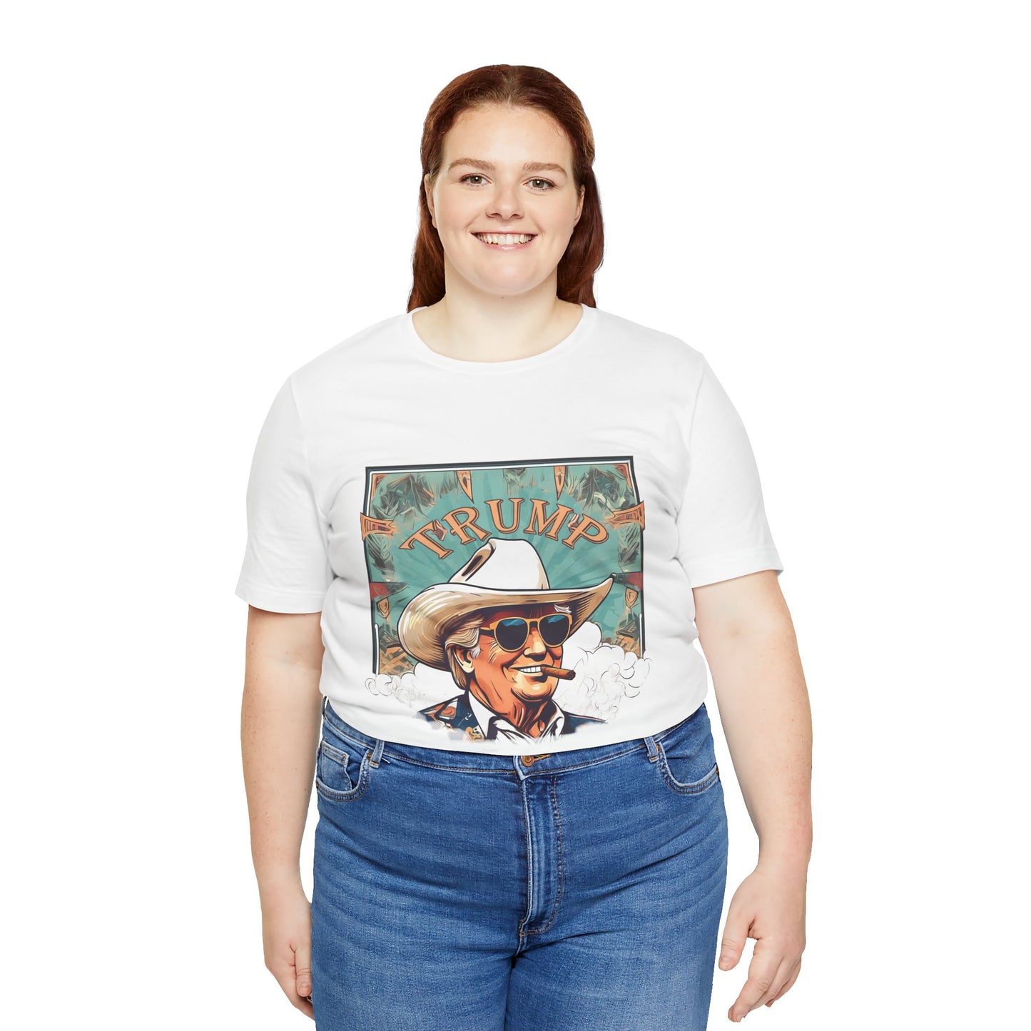 Graphic Tee - Donald Trump Cartoon Cowboy Hat White Cotton Shirt