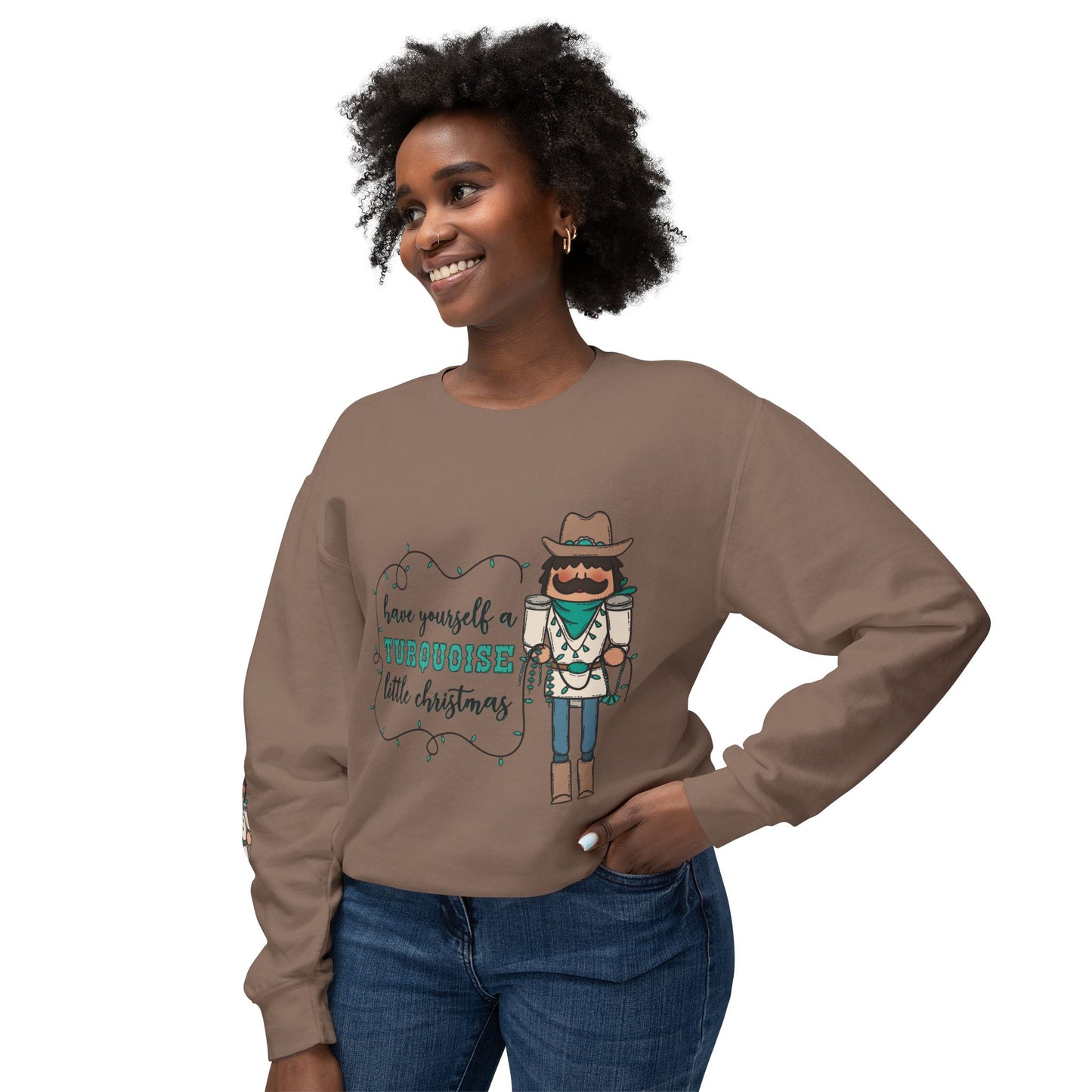 Turquoise Christmas Cowboy Nutcracker Unisex Lightweight Crewneck Sweatshirt - Festive Holiday Design with Lights