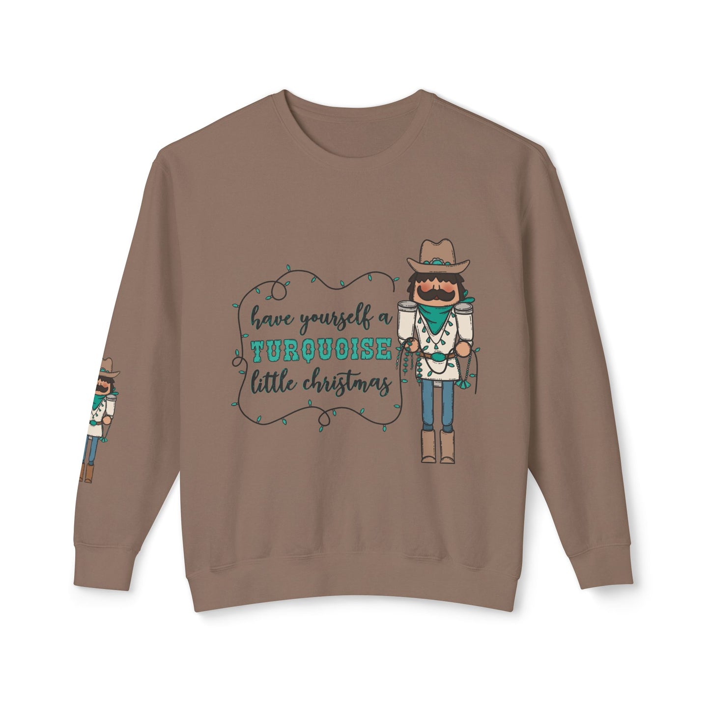 Turquoise Christmas Cowboy Nutcracker Unisex Lightweight Crewneck Sweatshirt - Festive Holiday Design with Lights