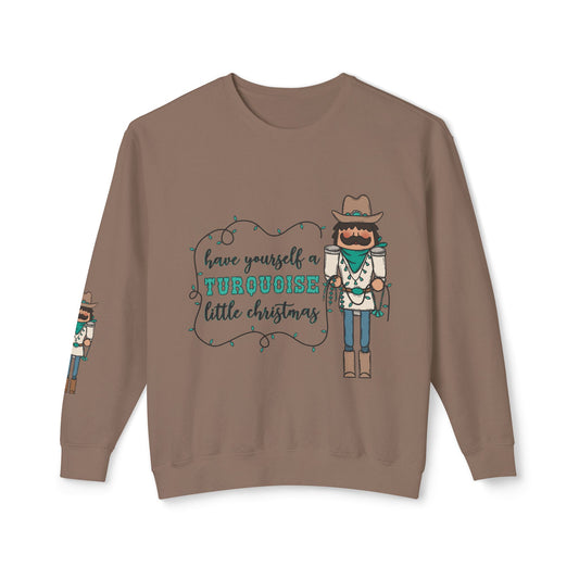 Turquoise Christmas Cowboy Nutcracker Unisex Lightweight Crewneck Sweatshirt - Festive Holiday Design with Lights