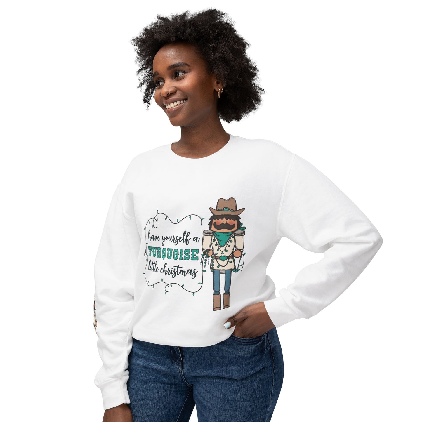 Turquoise Christmas Cowboy Nutcracker Unisex Lightweight Crewneck Sweatshirt - Festive Holiday Design with Lights