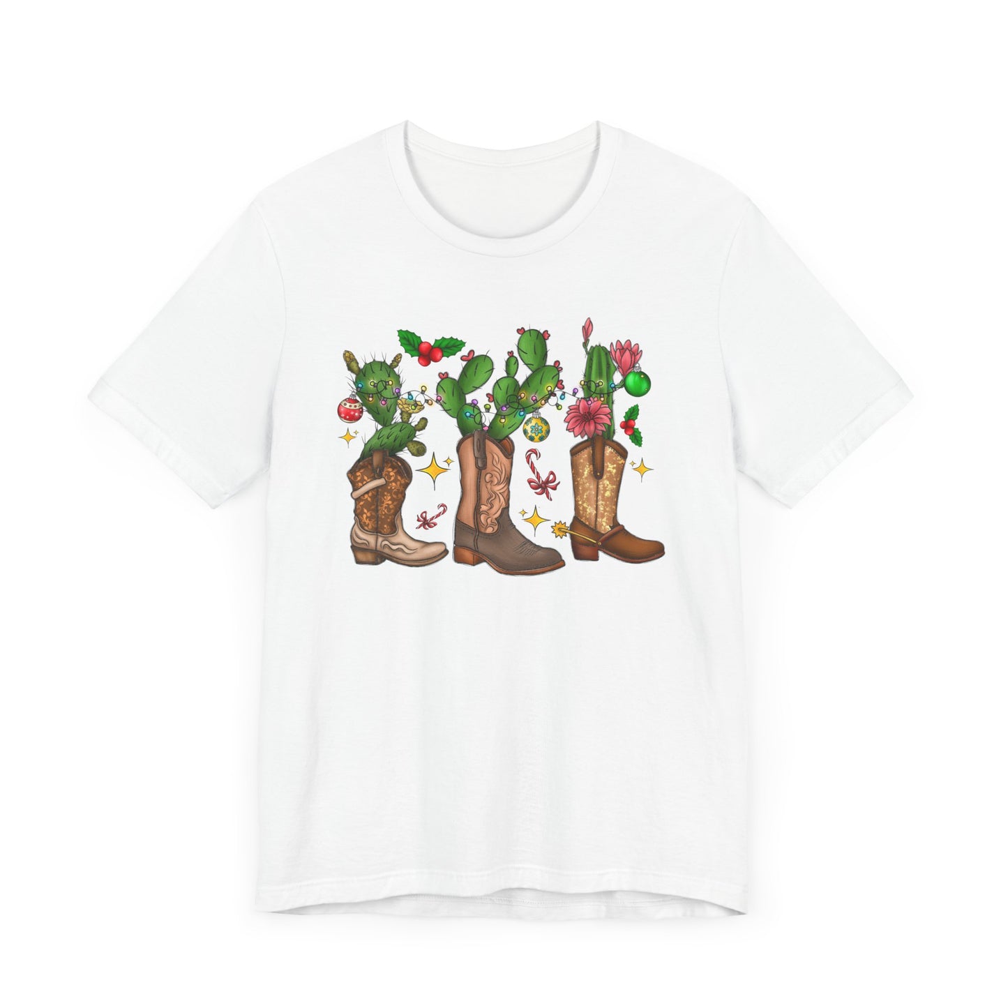 Unisex Jersey Short Sleeve Tee Cowboy Boot Christmas Cactus