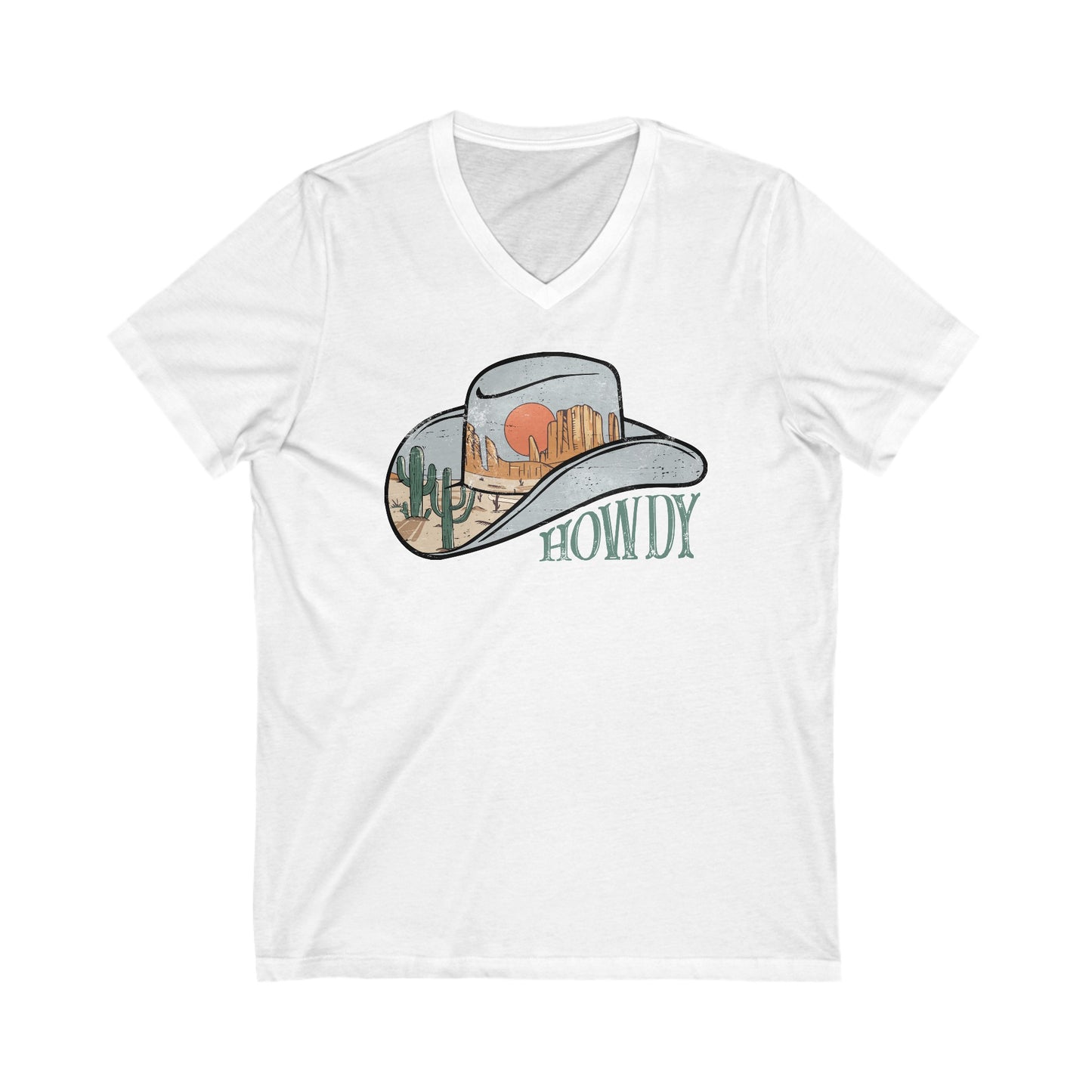 Women's V-Neck Tee Cowboy Hat Desert Scene Howdy T-Shirt