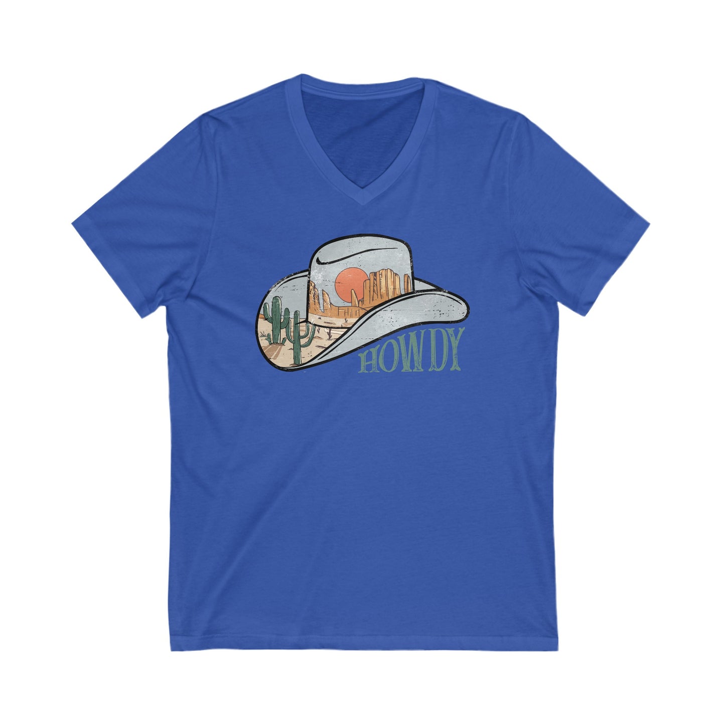 Women's V-Neck Tee Cowboy Hat Desert Scene Howdy T-Shirt