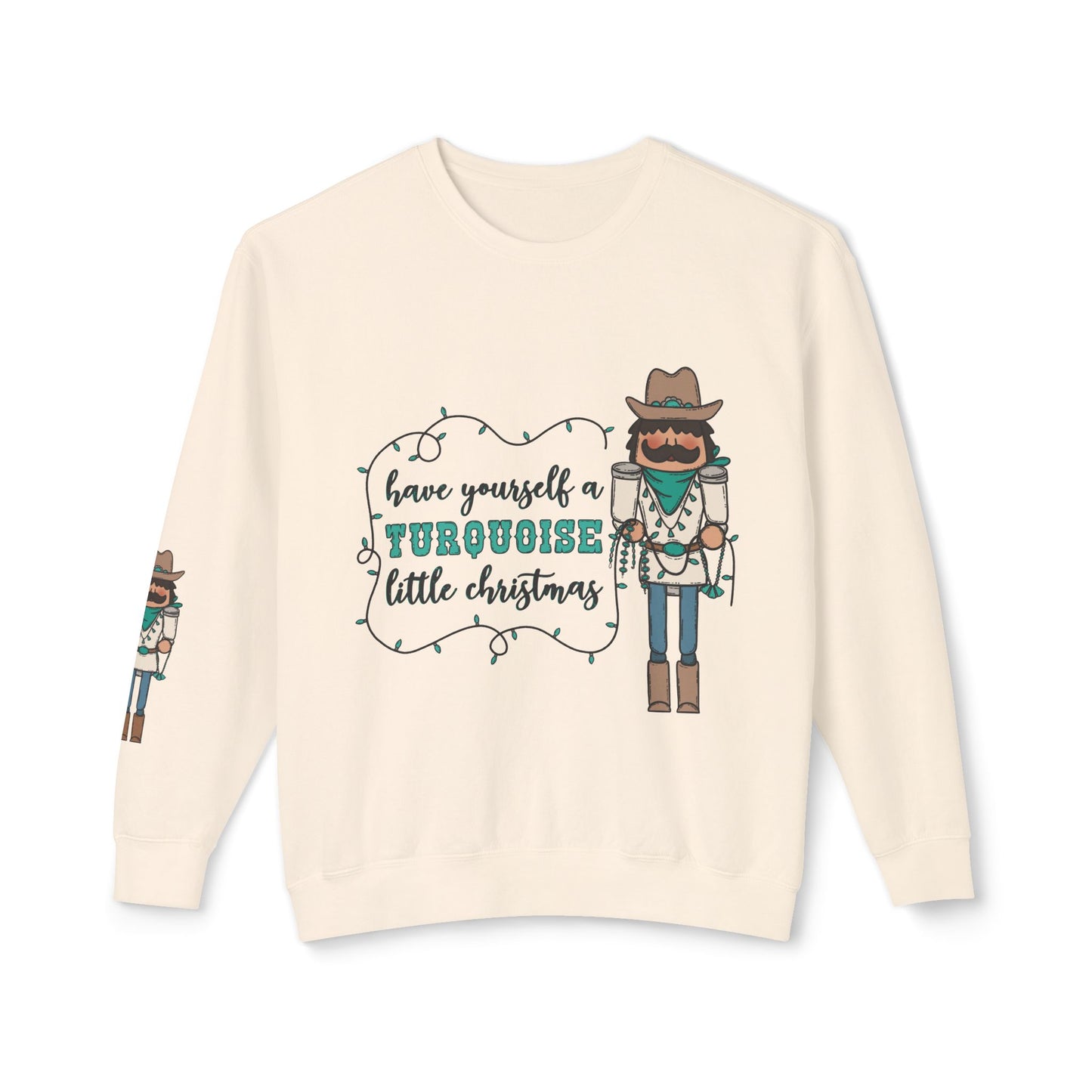 Turquoise Christmas Cowboy Nutcracker Unisex Lightweight Crewneck Sweatshirt - Festive Holiday Design with Lights