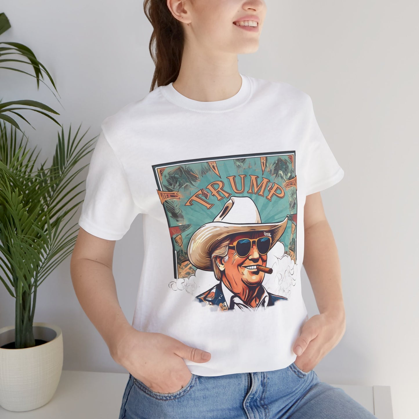 Graphic Tee - Donald Trump Cartoon Cowboy Hat White Cotton Shirt