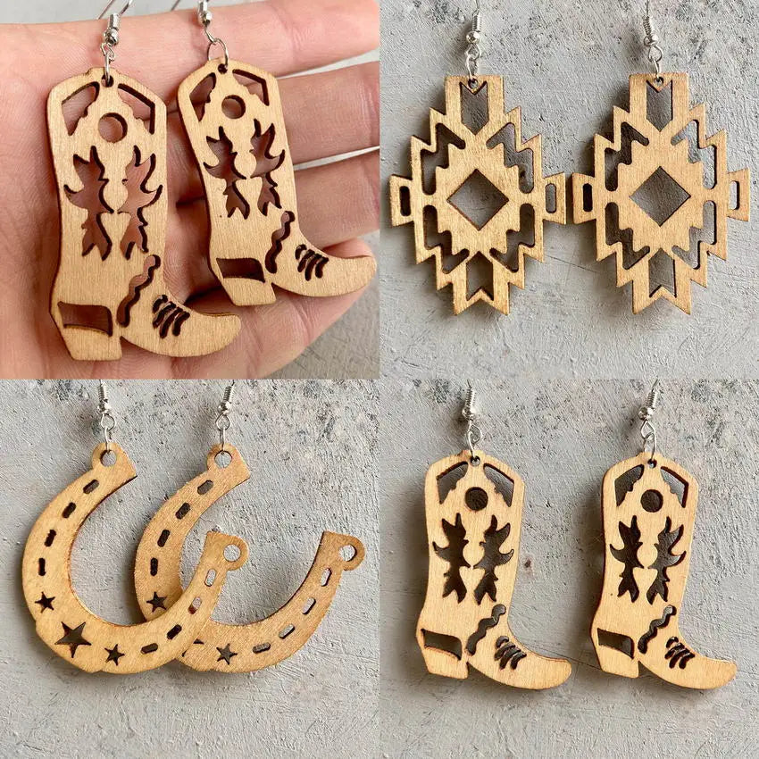 Wood Equestrian Cowgirl Horseshoe Earrings 2024 Cutout Boots Aztec Wooden Earrings for Women Western Rancher Jewelry Wholesale