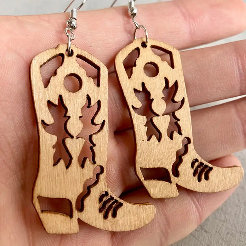 Wood Equestrian Cowgirl Horseshoe Earrings 2024 Cutout Boots Aztec Wooden Earrings for Women Western Rancher Jewelry Wholesale