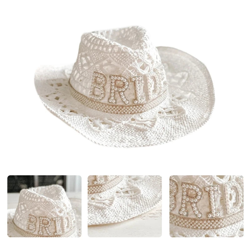 White Elegant Cowgirl Hat Bride Wedding Photo Costume Props Summer Hollow Out Women Girl Hat Western Style Cowboy Caps