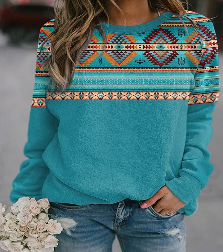 Retro Western Ethnic Geometric Print Ladies Sweatshirt