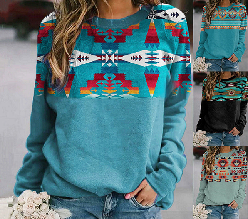 Retro Western Ethnic Geometric Print Ladies Sweatshirt