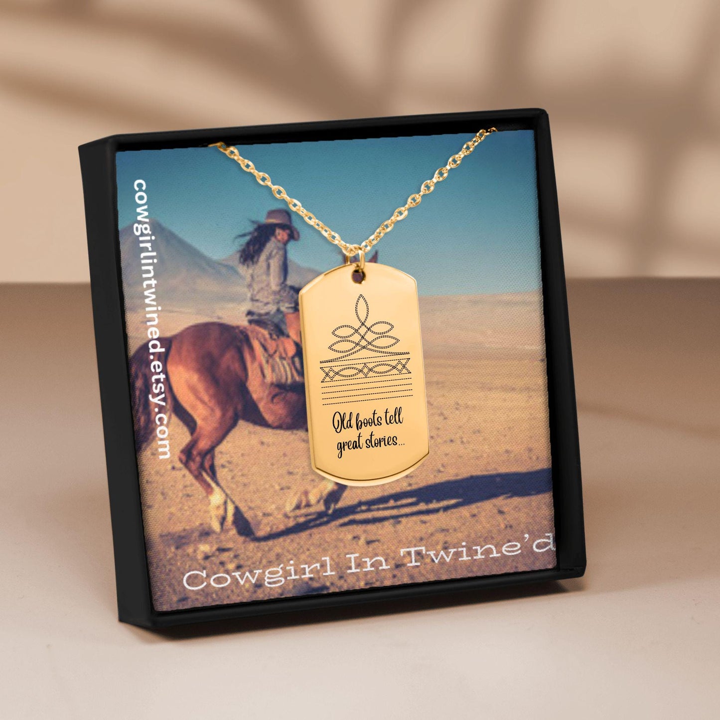 Cowgirl In Twine'd "Old Boots" Tag Necklace