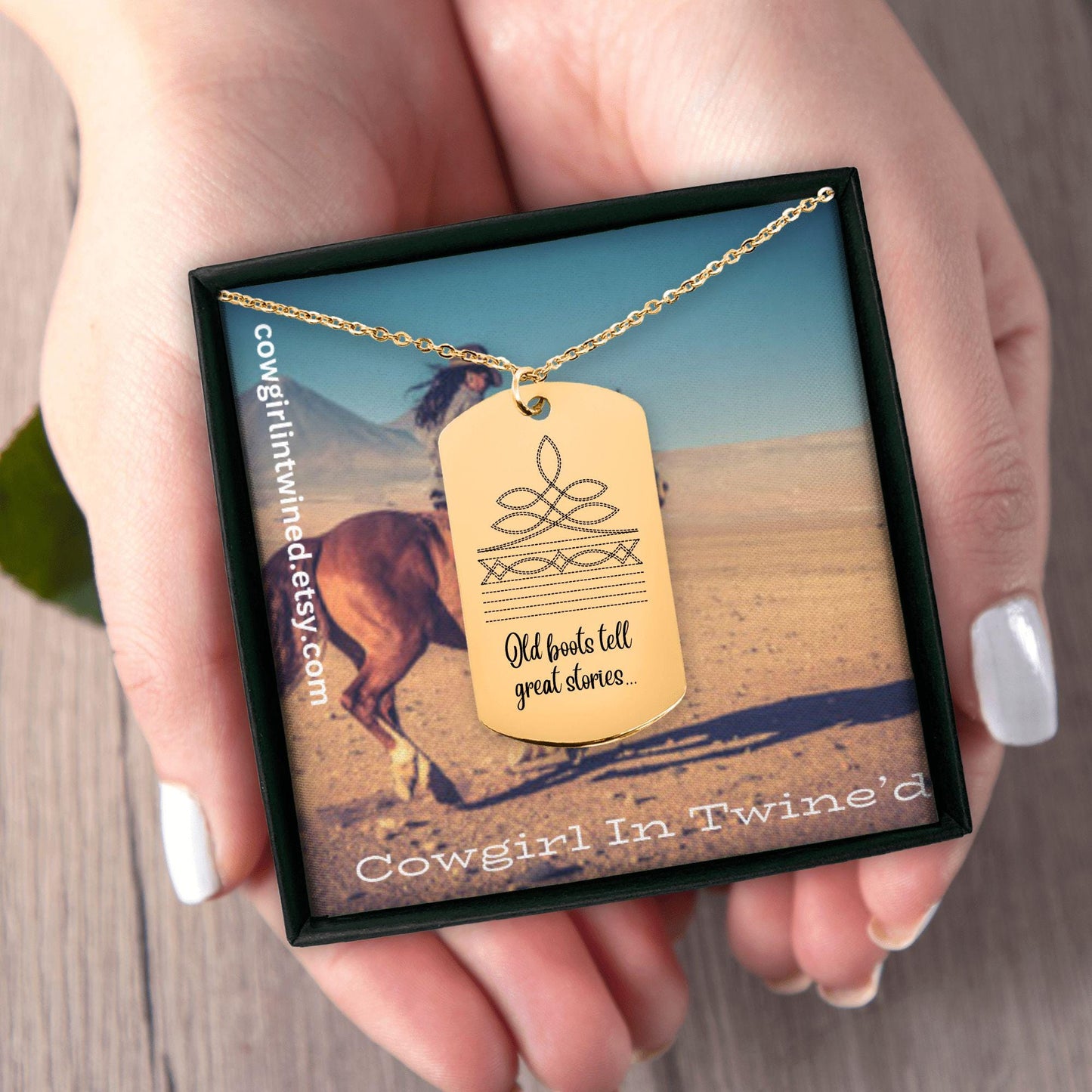 Cowgirl In Twine'd "Old Boots" Tag Necklace