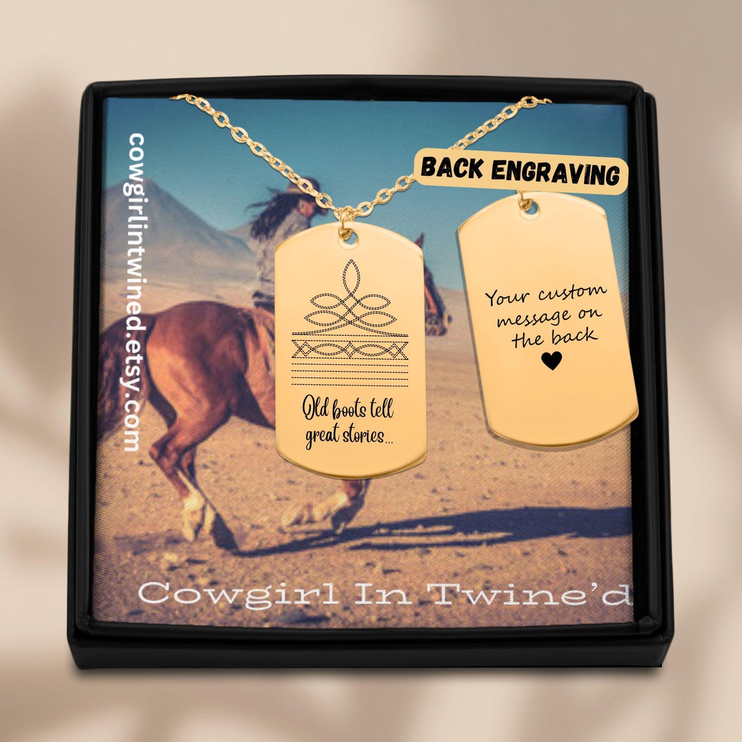 Cowgirl In Twine'd "Old Boots" Tag Necklace